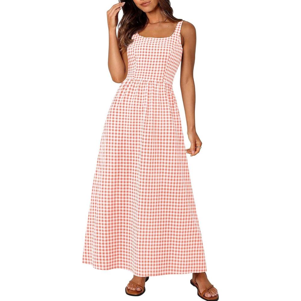 imagePRETTYGARDEN Womens 2025 Summer Spaghetti Strap Maxi Dresses Plaid Square Neck A Line Casual Beach Vacation Long SundressPink