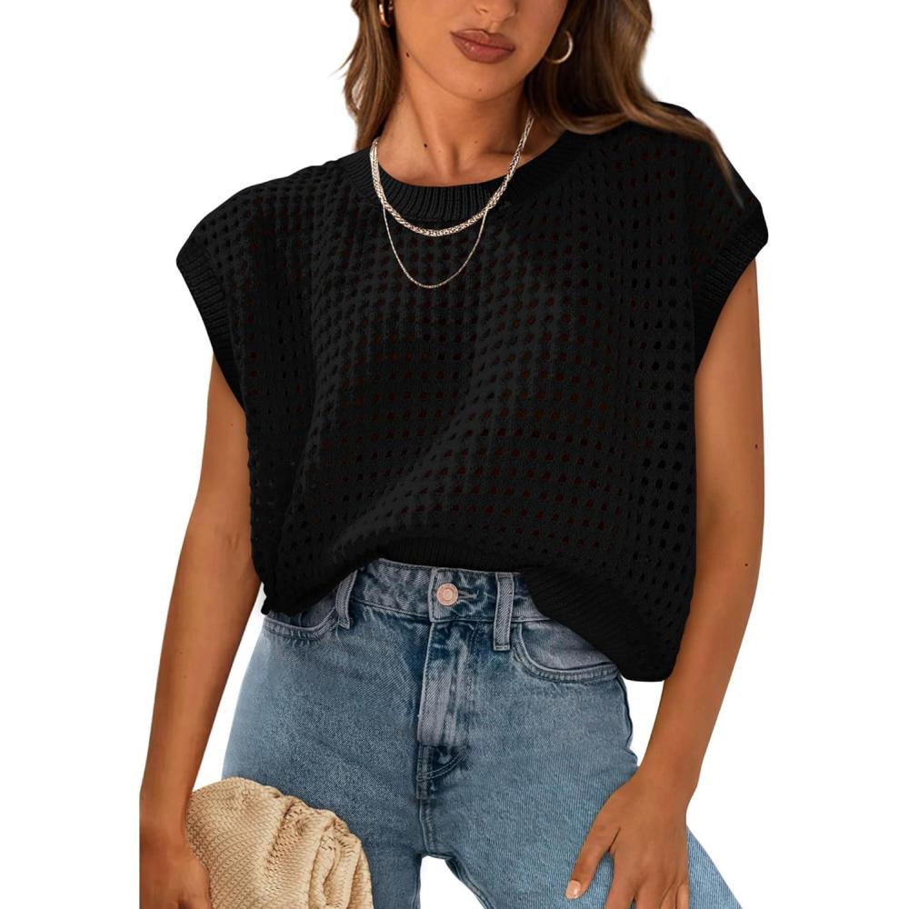 imagePRETTYGARDEN Womens Spring Tops 2025 Summer Shirts Crochet Cap Sleeve Sweater Pullover Cute Crew Neck Beach Cover UpsBlack