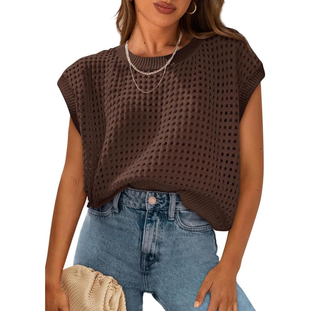 imagePRETTYGARDEN Womens Spring Tops 2025 Summer Shirts Crochet Cap Sleeve Sweater Pullover Cute Crew Neck Beach Cover UpsCoffee