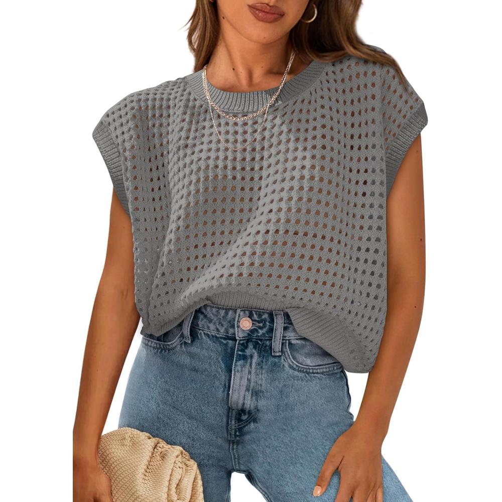 imagePRETTYGARDEN Womens Spring Tops 2025 Summer Shirts Crochet Cap Sleeve Sweater Pullover Cute Crew Neck Beach Cover UpsGrey