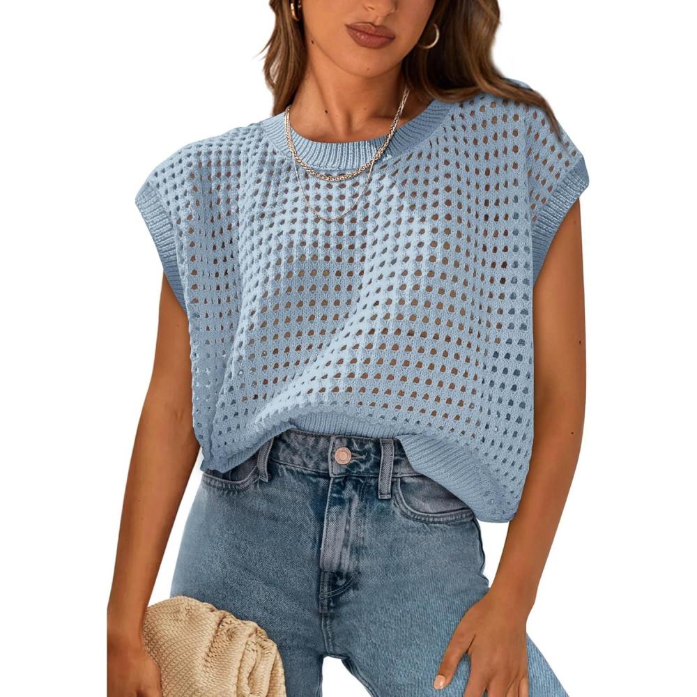 imagePRETTYGARDEN Womens Spring Tops 2025 Summer Shirts Crochet Cap Sleeve Sweater Pullover Cute Crew Neck Beach Cover UpsLight Blue