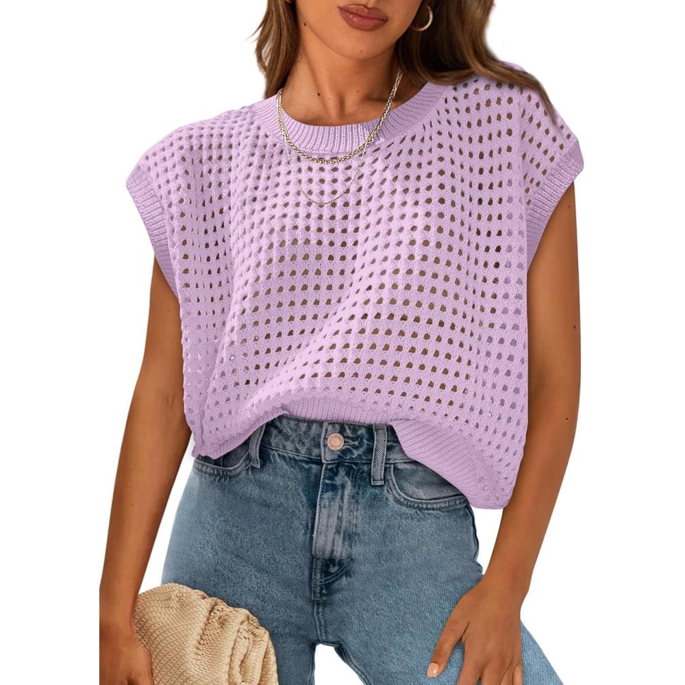 imagePRETTYGARDEN Womens Spring Tops 2025 Summer Shirts Crochet Cap Sleeve Sweater Pullover Cute Crew Neck Beach Cover UpsLight Purple