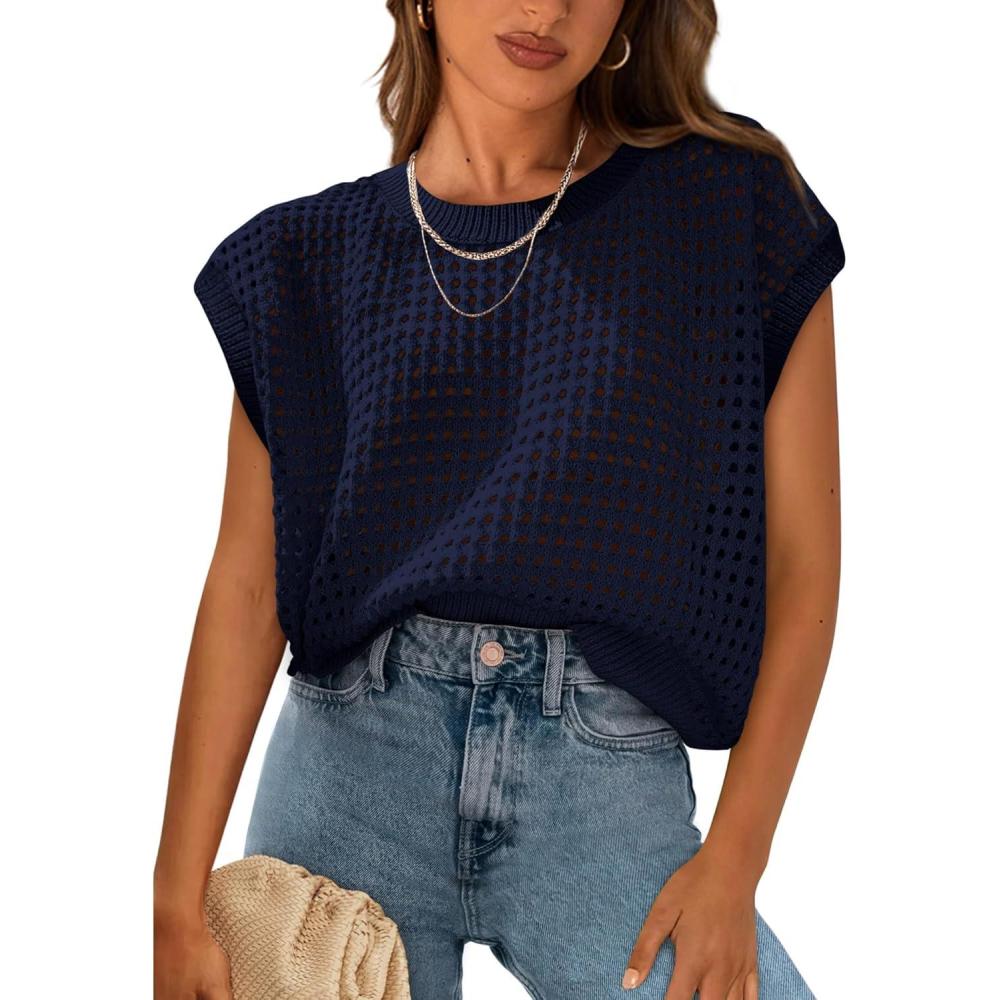 imagePRETTYGARDEN Womens Spring Tops 2025 Summer Shirts Crochet Cap Sleeve Sweater Pullover Cute Crew Neck Beach Cover UpsNavy
