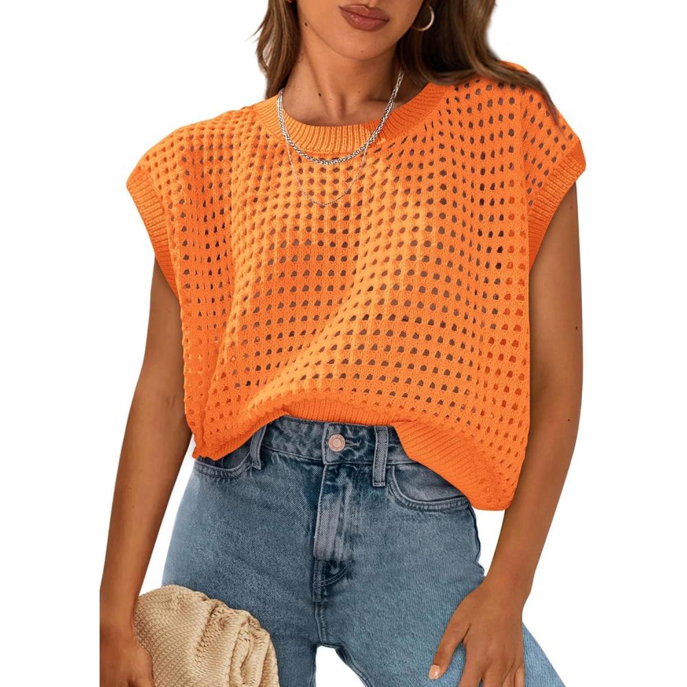 imagePRETTYGARDEN Womens Spring Tops 2025 Summer Shirts Crochet Cap Sleeve Sweater Pullover Cute Crew Neck Beach Cover UpsOrange