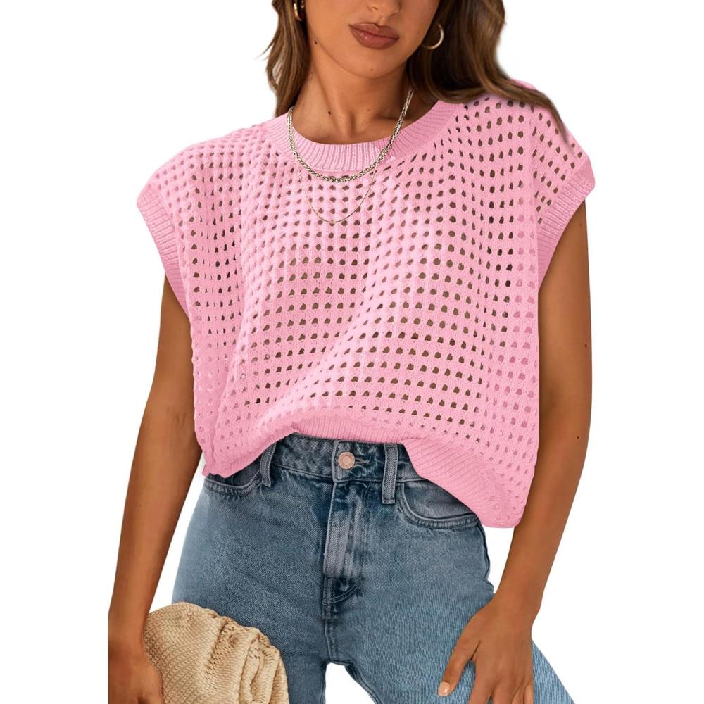 imagePRETTYGARDEN Womens Spring Tops 2025 Summer Shirts Crochet Cap Sleeve Sweater Pullover Cute Crew Neck Beach Cover UpsPink