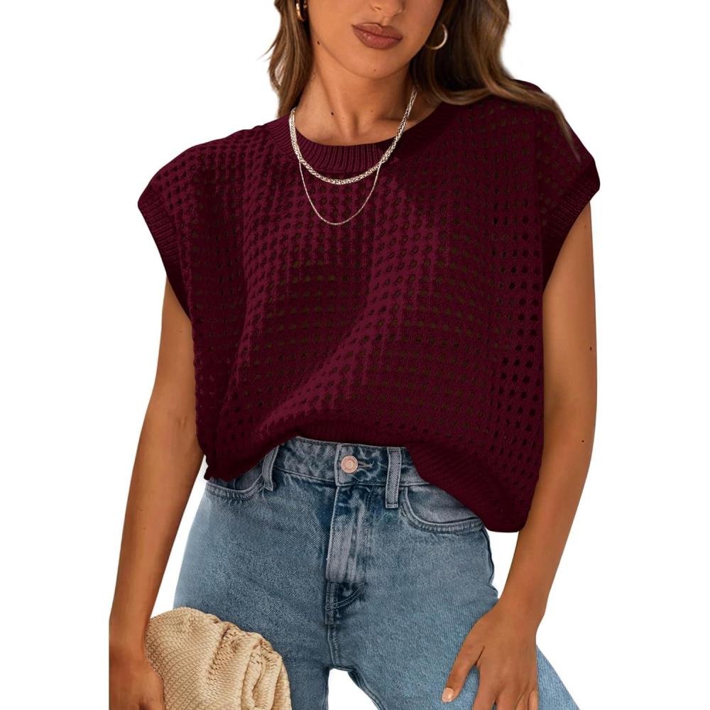 imagePRETTYGARDEN Womens Spring Tops 2025 Summer Shirts Crochet Cap Sleeve Sweater Pullover Cute Crew Neck Beach Cover UpsWine Red