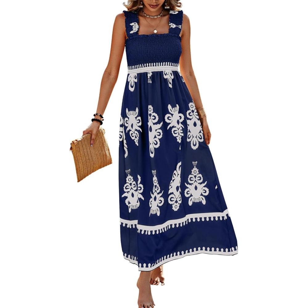 imagePRETTYGARDEN Womens Summer Boho Maxi Dress 2025 Casual Sleeveless Square Neck Floral Aline Smocked Beach Dresses with PocketsFloral Navy White