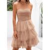 imagePRETTYGARDEN Womens Summer Dress 2025 Tube Top Mini Dresses Short Strapless Ruffle Tiered Wedding Guest Beach Mesh SundressKhaki