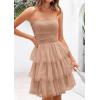 imagePRETTYGARDEN Womens Summer Dress 2025 Tube Top Mini Dresses Short Strapless Ruffle Tiered Wedding Guest Beach Mesh SundressKhaki