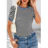imagePRETTYGARDEN Womens Summer Puff Sleeve Tops Casual Ribbed Knit Crop Top Color Block Trendy Crewneck Striped ShirtsBlack