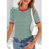 imagePRETTYGARDEN Womens Summer Puff Sleeve Tops Casual Ribbed Knit Crop Top Color Block Trendy Crewneck Striped ShirtsGreen