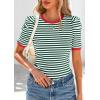 imagePRETTYGARDEN Womens Summer Puff Sleeve Tops Casual Ribbed Knit Crop Top Color Block Trendy Crewneck Striped ShirtsGreen