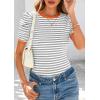 imagePRETTYGARDEN Womens Summer Puff Sleeve Tops Casual Ribbed Knit Crop Top Color Block Trendy Crewneck Striped ShirtsGrey