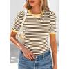 imagePRETTYGARDEN Womens Summer Puff Sleeve Tops Casual Ribbed Knit Crop Top Color Block Trendy Crewneck Striped ShirtsKhaki