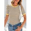 imagePRETTYGARDEN Womens Summer Puff Sleeve Tops Casual Ribbed Knit Crop Top Color Block Trendy Crewneck Striped ShirtsKhaki