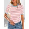 imagePRETTYGARDEN Womens Summer Puff Sleeve Tops Casual Ribbed Knit Crop Top Color Block Trendy Crewneck Striped ShirtsPink