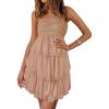 imagePRETTYGARDEN Womens Summer Dress 2025 Tube Top Mini Dresses Short Strapless Ruffle Tiered Wedding Guest Beach Mesh SundressKhaki