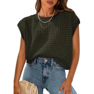 imagePRETTYGARDEN Womens Spring Tops 2025 Summer Shirts Crochet Cap Sleeve Sweater Pullover Cute Crew Neck Beach Cover UpsArmy Green