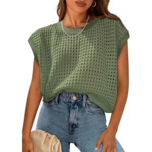 imagePRETTYGARDEN Womens Spring Tops 2025 Summer Shirts Crochet Cap Sleeve Sweater Pullover Cute Crew Neck Beach Cover UpsBean Green