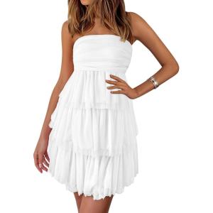 imagePRETTYGARDEN Womens Summer Dress 2025 Tube Top Mini Dresses Short Strapless Ruffle Tiered Wedding Guest Beach Mesh SundressWhite