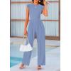 imagePRETTYGARDEN Summer Jumpsuits for Women Dressy 2025 Casual Ruffle Cap Sleeves Romper Crew Neck Rib Knit One Piece OutfitsBlue Grey