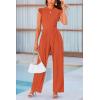 imagePRETTYGARDEN Summer Jumpsuits for Women Dressy 2025 Casual Ruffle Cap Sleeves Romper Crew Neck Rib Knit One Piece OutfitsBrick Red
