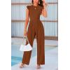 imagePRETTYGARDEN Summer Jumpsuits for Women Dressy 2025 Casual Ruffle Cap Sleeves Romper Crew Neck Rib Knit One Piece OutfitsCoffee