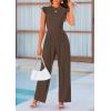 imagePRETTYGARDEN Summer Jumpsuits for Women Dressy 2025 Casual Ruffle Cap Sleeves Romper Crew Neck Rib Knit One Piece OutfitsDark Brown