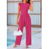 imagePRETTYGARDEN Summer Jumpsuits for Women Dressy 2025 Casual Ruffle Cap Sleeves Romper Crew Neck Rib Knit One Piece OutfitsRose Red