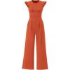 imagePRETTYGARDEN Summer Jumpsuits for Women Dressy 2025 Casual Ruffle Cap Sleeves Romper Crew Neck Rib Knit One Piece OutfitsBrick Red