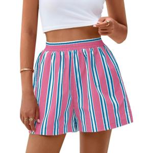 imagePRETTYGARDEN Boxer Shorts for Women 2025 Spring Striped PJ Y2K Casual Cotton Pajama Summer Lounge Sleep Bottoms with PocketsStriped Pink Lake Blue
