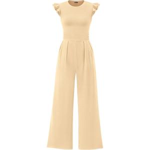 imagePRETTYGARDEN Summer Jumpsuits for Women Dressy 2025 Casual Ruffle Cap Sleeves Romper Crew Neck Rib Knit One Piece OutfitsApricot