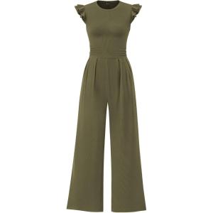 imagePRETTYGARDEN Summer Jumpsuits for Women Dressy 2025 Casual Ruffle Cap Sleeves Romper Crew Neck Rib Knit One Piece OutfitsArmy Green