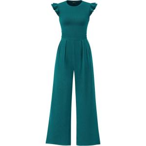 imagePRETTYGARDEN Summer Jumpsuits for Women Dressy 2025 Casual Ruffle Cap Sleeves Romper Crew Neck Rib Knit One Piece OutfitsBlue Green