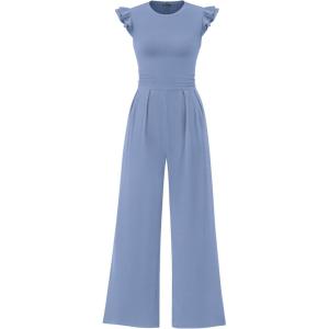 imagePRETTYGARDEN Summer Jumpsuits for Women Dressy 2025 Casual Ruffle Cap Sleeves Romper Crew Neck Rib Knit One Piece OutfitsBlue Grey