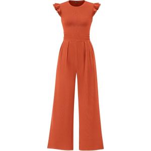 imagePRETTYGARDEN Summer Jumpsuits for Women Dressy 2025 Casual Ruffle Cap Sleeves Romper Crew Neck Rib Knit One Piece OutfitsBrick Red
