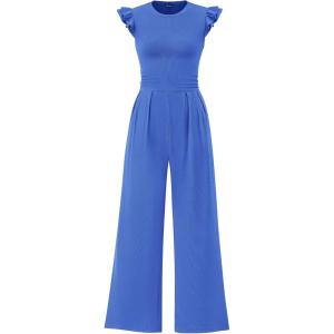 imagePRETTYGARDEN Summer Jumpsuits for Women Dressy 2025 Casual Ruffle Cap Sleeves Romper Crew Neck Rib Knit One Piece OutfitsBrilliant Blue