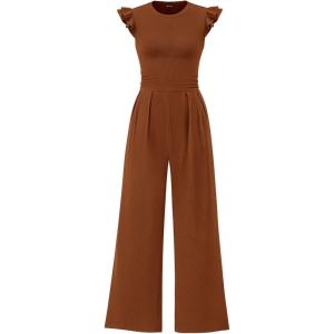 imagePRETTYGARDEN Summer Jumpsuits for Women Dressy 2025 Casual Ruffle Cap Sleeves Romper Crew Neck Rib Knit One Piece OutfitsCoffee