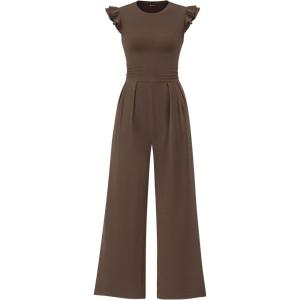 imagePRETTYGARDEN Summer Jumpsuits for Women Dressy 2025 Casual Ruffle Cap Sleeves Romper Crew Neck Rib Knit One Piece OutfitsDark Brown