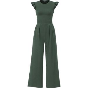 imagePRETTYGARDEN Summer Jumpsuits for Women Dressy 2025 Casual Ruffle Cap Sleeves Romper Crew Neck Rib Knit One Piece OutfitsDark Green