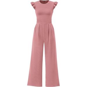 imagePRETTYGARDEN Summer Jumpsuits for Women Dressy 2025 Casual Ruffle Cap Sleeves Romper Crew Neck Rib Knit One Piece OutfitsDusty Pink