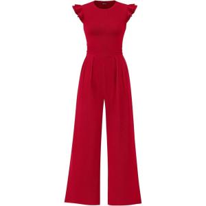imagePRETTYGARDEN Summer Jumpsuits for Women Dressy 2025 Casual Ruffle Cap Sleeves Romper Crew Neck Rib Knit One Piece OutfitsFiery Red
