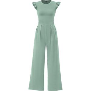 imagePRETTYGARDEN Summer Jumpsuits for Women Dressy 2025 Casual Ruffle Cap Sleeves Romper Crew Neck Rib Knit One Piece OutfitsFruit Green