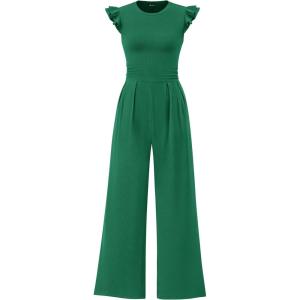 imagePRETTYGARDEN Summer Jumpsuits for Women Dressy 2025 Casual Ruffle Cap Sleeves Romper Crew Neck Rib Knit One Piece OutfitsGreen