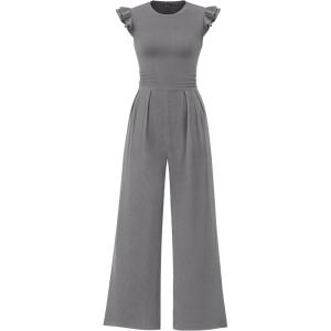 imagePRETTYGARDEN Summer Jumpsuits for Women Dressy 2025 Casual Ruffle Cap Sleeves Romper Crew Neck Rib Knit One Piece OutfitsGrey