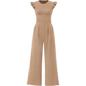 imagePRETTYGARDEN Summer Jumpsuits for Women Dressy 2025 Casual Ruffle Cap Sleeves Romper Crew Neck Rib Knit One Piece OutfitsKhaki