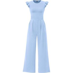 imagePRETTYGARDEN Summer Jumpsuits for Women Dressy 2025 Casual Ruffle Cap Sleeves Romper Crew Neck Rib Knit One Piece OutfitsLight Blue