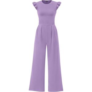 imagePRETTYGARDEN Summer Jumpsuits for Women Dressy 2025 Casual Ruffle Cap Sleeves Romper Crew Neck Rib Knit One Piece OutfitsLight Purple