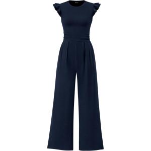 imagePRETTYGARDEN Summer Jumpsuits for Women Dressy 2025 Casual Ruffle Cap Sleeves Romper Crew Neck Rib Knit One Piece OutfitsNavy