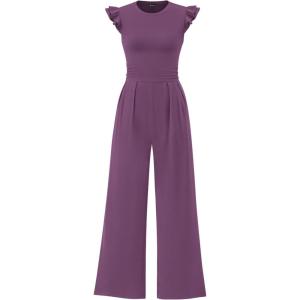 imagePRETTYGARDEN Summer Jumpsuits for Women Dressy 2025 Casual Ruffle Cap Sleeves Romper Crew Neck Rib Knit One Piece OutfitsPurple Grey